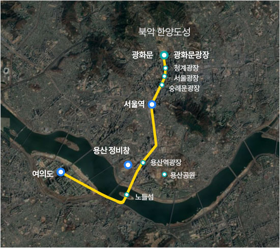 북악 한양도성, 광화문광장, 청계광장, 서울광장, 숭례문광장, 서울역, 용산역광장, 노들섬, 여의도로 이어지는 국가대표공간 조성이미지