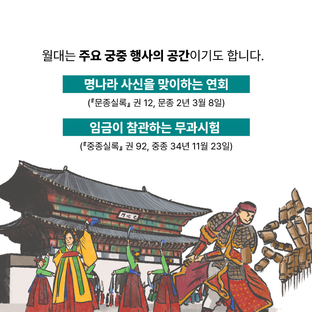 월대는 주요 궁중 행사의 공간이기도 합니다. 명나라 사신을 맞이하는 연회(문종실록권 12, 문종2년3월8일) 임금이 참관하는 무과시험(중종실록권92, 중종34년11월23일)