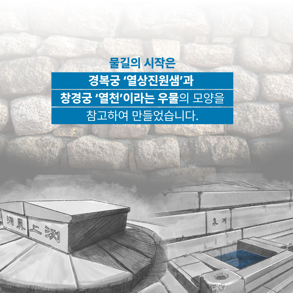 물길의 시작은 경복궁 열상진원샘과 창경궁 열천이라는 우물의 모양을 참고하여 만들었습니다.