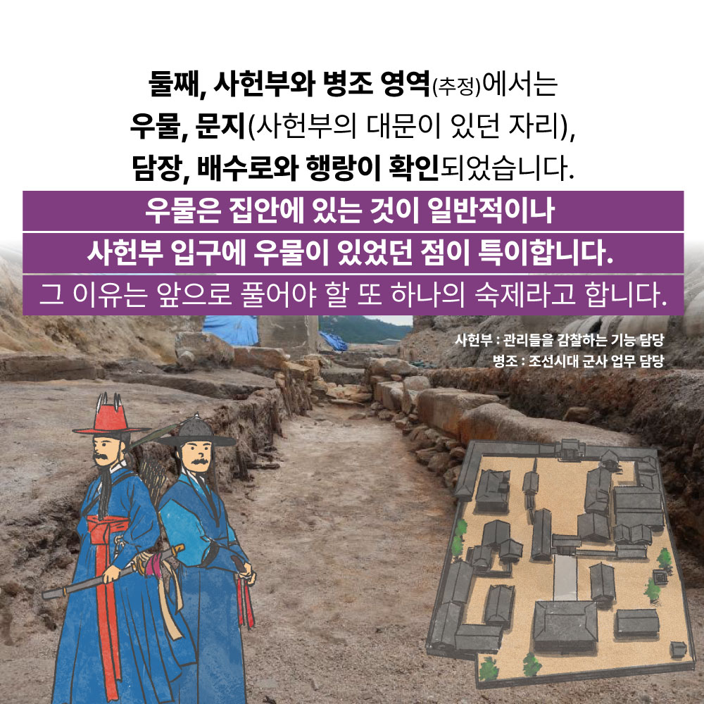 둘째, 사헌부와 병조 영역(추정)에서는 우물, 문지(사헌부의 대문이 있던 자리), 담장, 배수로와 행랑이 확인되었습니다. 우물은 집안에 있는 것이 일반적이나 사헌부 입구에 우물이 있었던 점이 특이합니다. 그 이유는 앞으로 풀어야 할 또 하나의 숙제라고 합니다.