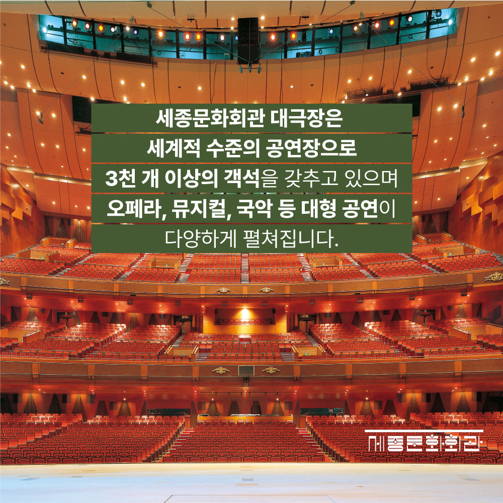 세종문화회관 대극장은 세계적 수준의 공연장으로 3천 개 이상의 객석을 갖추고 있으며 오페라, 뮤지컬, 국악 등 대형 공연이 다양하게 펼쳐집니다.