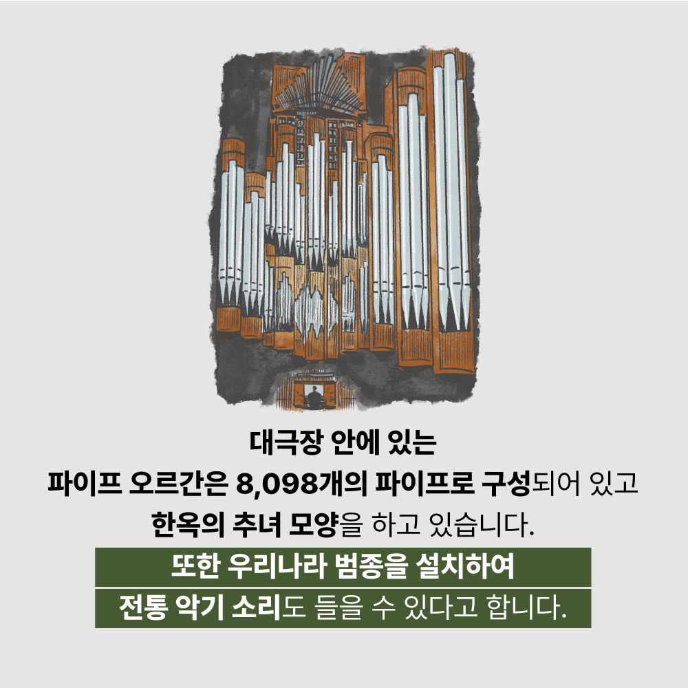 대극장 안에 있는 파이프 오르간은 8,098개의 파이프로 구성되어 있고 한옥의 추녀 모양을 하고 있습니다. 또한 우리나라 범종을 설치하여 전통 악기 소리도 들을 수 있다고 합니다.