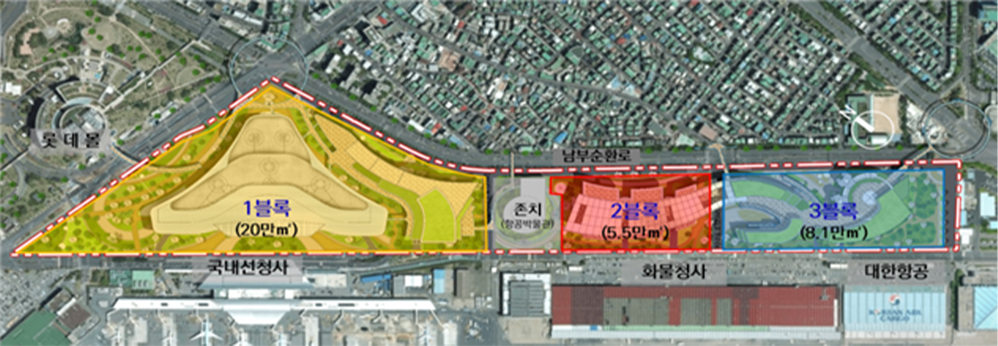 롯데몰 - 국내선청사 인근 : 1블록(20만㎡) - 존치(항공박물관) - 화물청사 일부 인근 : 2블록(5.5㎡) - 화물청사 인근 ~ 대한항공 인근 : 3블록(8.1만㎡)